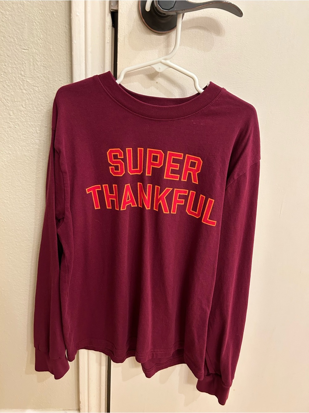 Kids Long-Sleeve 'Super Thankful' Shirt in Burgundy